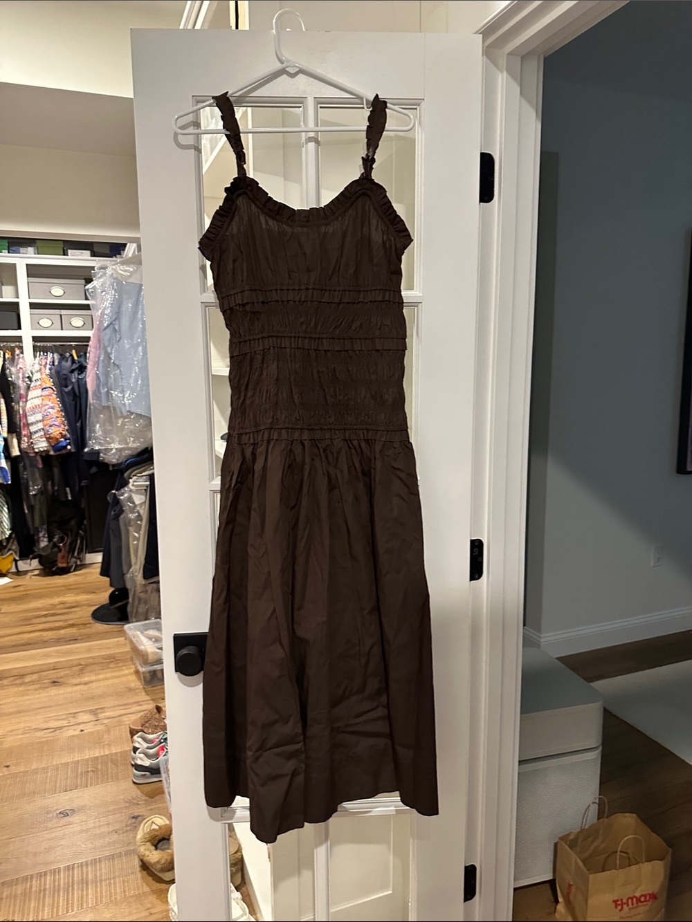 NWT Caroline Constas Chocolate Brown Smocked Midi Dress Size Small - Picture 2 of 8